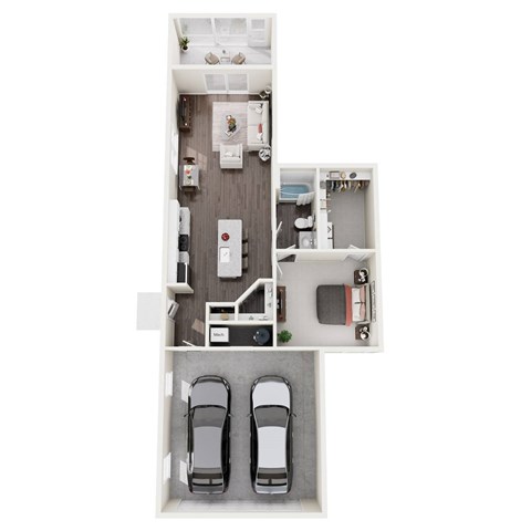 A top down view of a small apartment with a kitchen, living room, and two parking spaces for cars.